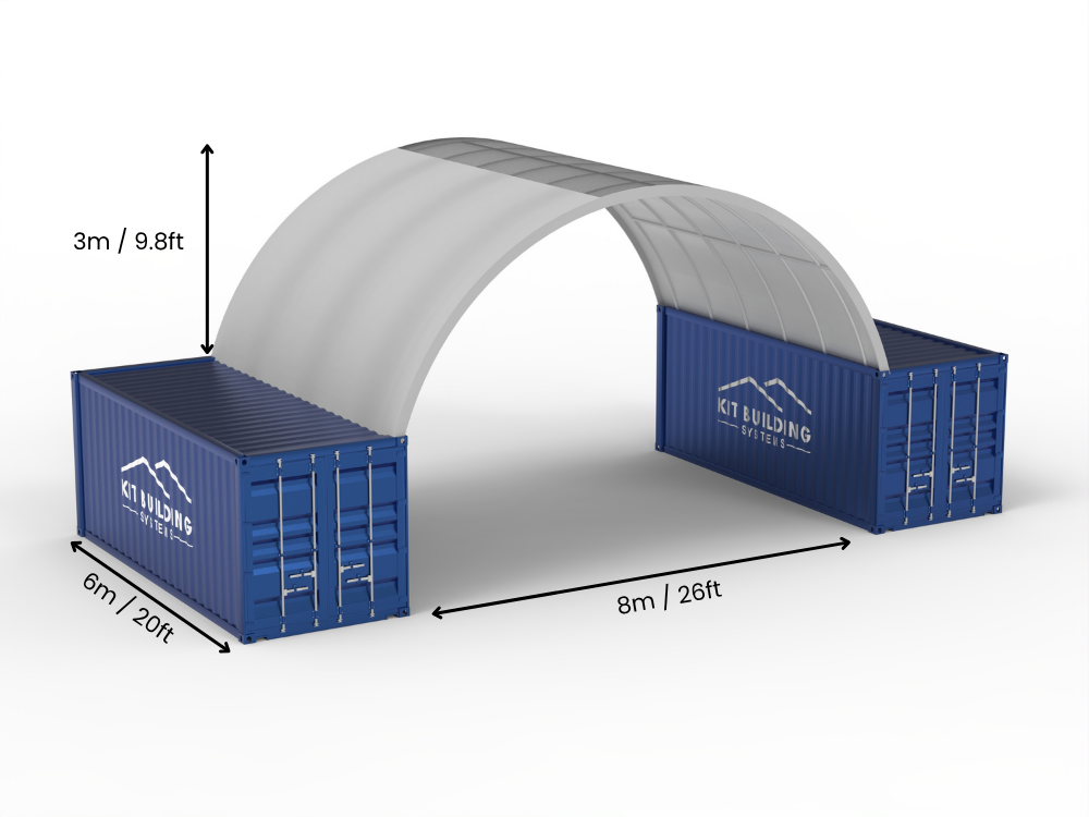 Portée de 8m (26ft) | Auvents pour conteneurs 26ft de largeur, 10ft de hauteur (8m x 3m)