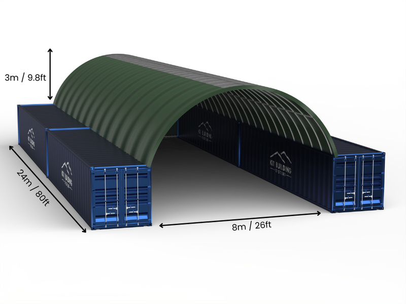 Portée de 8m (26ft) | Auvents pour conteneurs 26ft de largeur, 10ft de hauteur (8m x 3m)